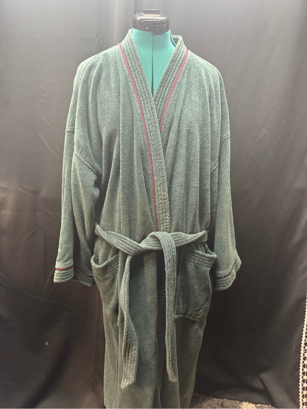 Men's Green Terry Cardigan Robe with Red-Trim Accent